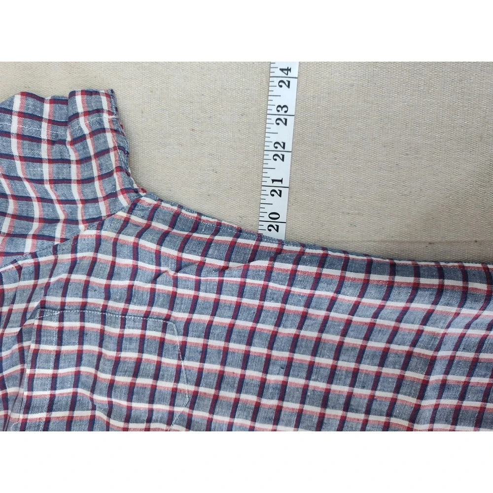Banana Republic Camden Fit Mens S 100% Linen Short Sleeve Plaid Shirt‎ Red Blue